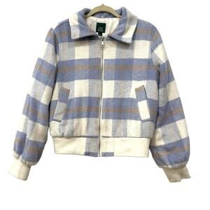 Wild Fable Light Blue Cream Tan Plaid Bomber Shacket Jacket Size Small